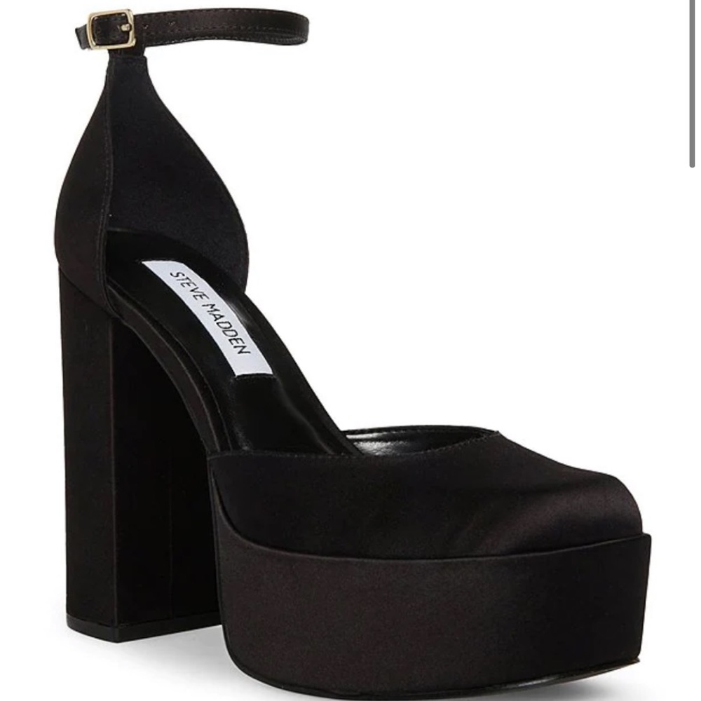 STEVE MADDEN BLACK AGATA SATIN PLATFORM WEDGES PUMPS CHUNKY HEEL